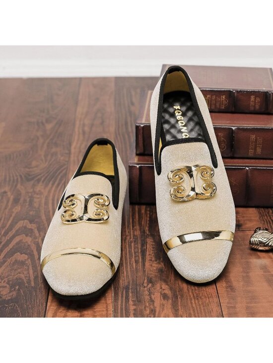 FQEQNQG Men\'s Beige Velvet Loafers Gold Ornate Buckle Penny Slip On Casual Shoes main image 6